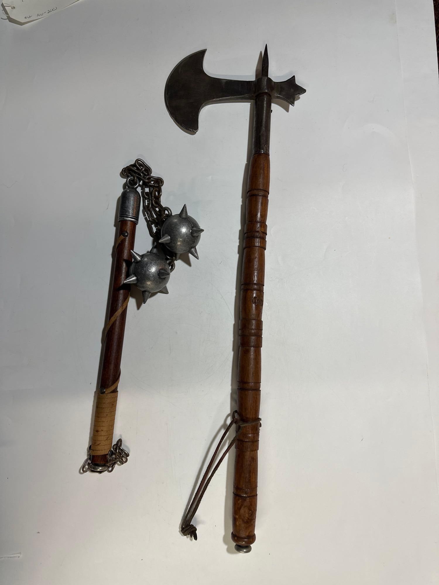 VINTAGE BATTLE AXE AND MACE: AXE: 29" LONG