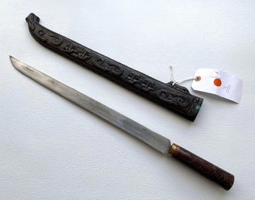 PAIWIN TRIBAL SWORD W/ CARVED HANDLE & SHEATH (ADDL LOT, NOT ON LIST)