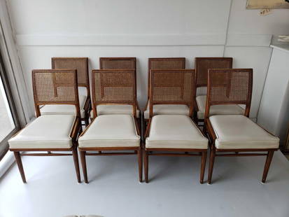 EIGHT MID-CENTURY HENREDON "CIRCA '60" WALNUT CANED BACK CHAIRS: This set of eight mid-century Henredon "Circa '60" walnut caned back chairs offers a sophisticated and stylish seating solution, embodying the elegance and craftsmanship of mid-20th century furniture