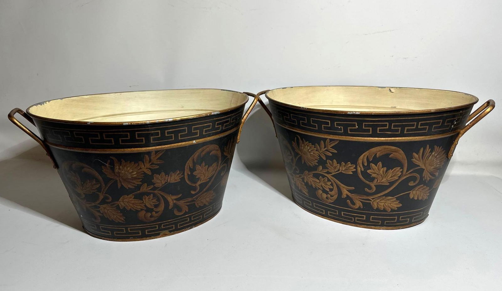 PAIR OF TWO NEOCLASSICAL MOTIF TOLEWARE PLANTERS WITH GILT (1 of 20)