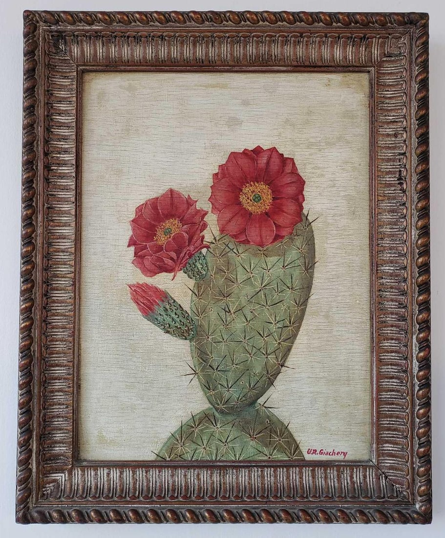 UGO RODRIGUEZ GIACHERY SIGNED ANTIQUE OIL ON BOARD "DESERT BLOOM": This captivating antique oil on board painting, titled "Desert Bloom," signed by Ugo Rodriguez Giachery (Born 1896), captures the stark beauty and resilience of desert flora. Measuring 19 inches by 15