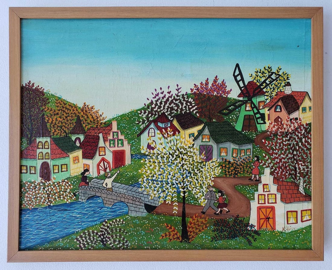 XAVIER CHICO SIGNED FOLK ART OIL ON CANVAS "RIO 1972": This charming folk art oil on canvas painting, titled "Rio 1972" and signed by Xavier Chico, captures a vibrant and idyllic scene, depicting a colorful neighborhood in Rio de Janeiro, Brazil, 