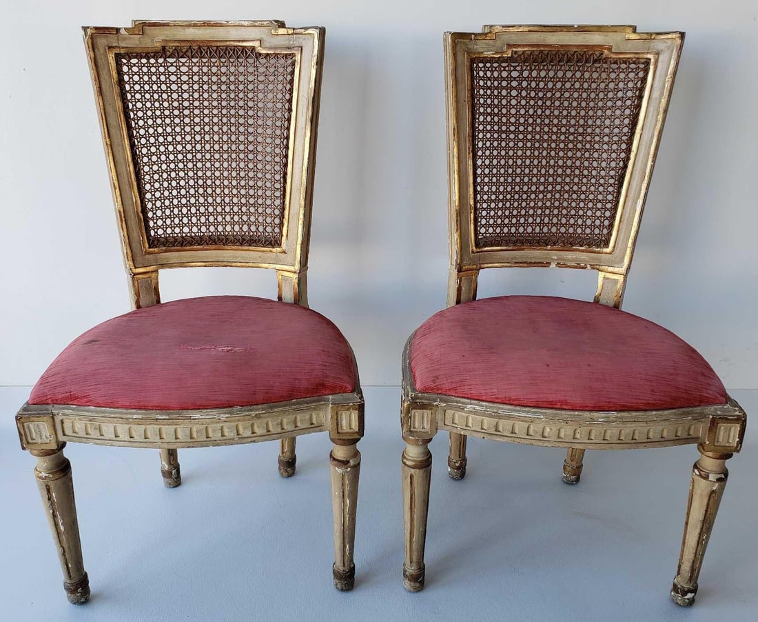 PAIR OF LOUIS XVI STYLE ANTIQUE GILT AND PAINT DECORATED CANED BACK SIDE CHAIRS (1 of 17)