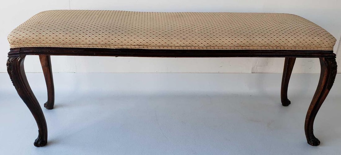 ANTIQUE LOUIS XV STYLE CARVED MAHOGANY UPHOLSTERED BENCH (1 of 13)