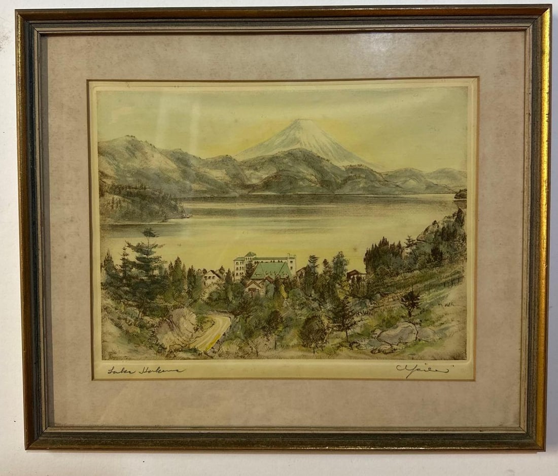 ALPINE LAKE SCENE | PEN AND INK DRAWING WITH COLOR | PENCIL SIGNED (1 of 1)