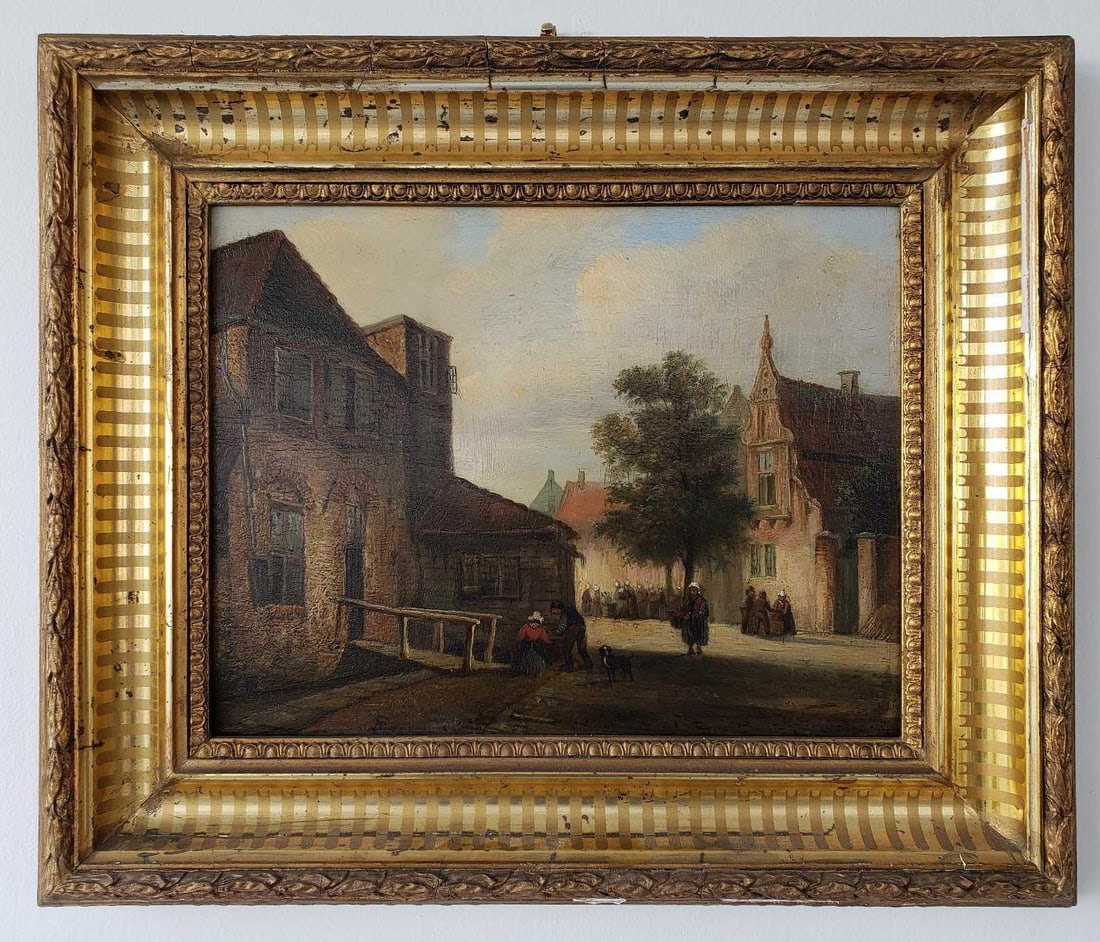 ANTIQUE OIL ON BOARD "AMSTERDAM TOWN SCENE" ATTRIBUTED TO JAN JACOB COENRAAD SPHOLER (1 of 14)