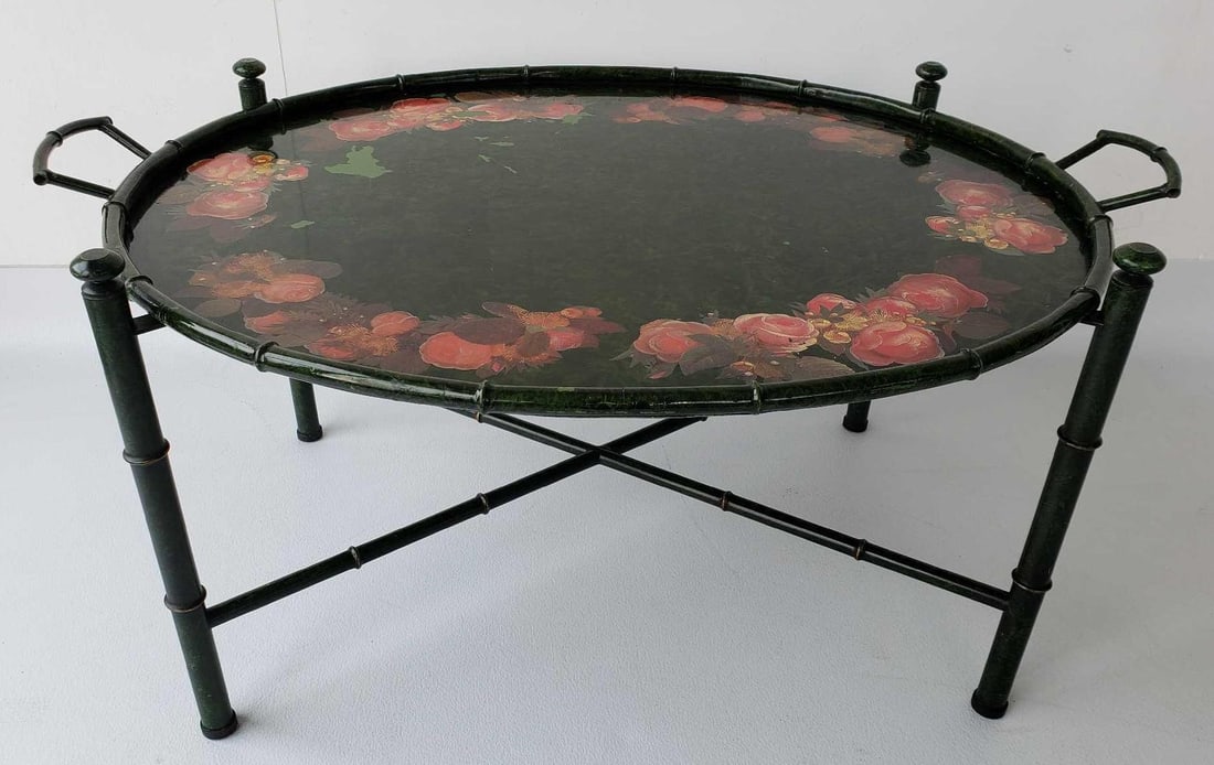 ITALIAN TOLE TRAY TOP TABLE WITH FLORAL DECORATION AND BAMBOO DETAIL (1 of 15)