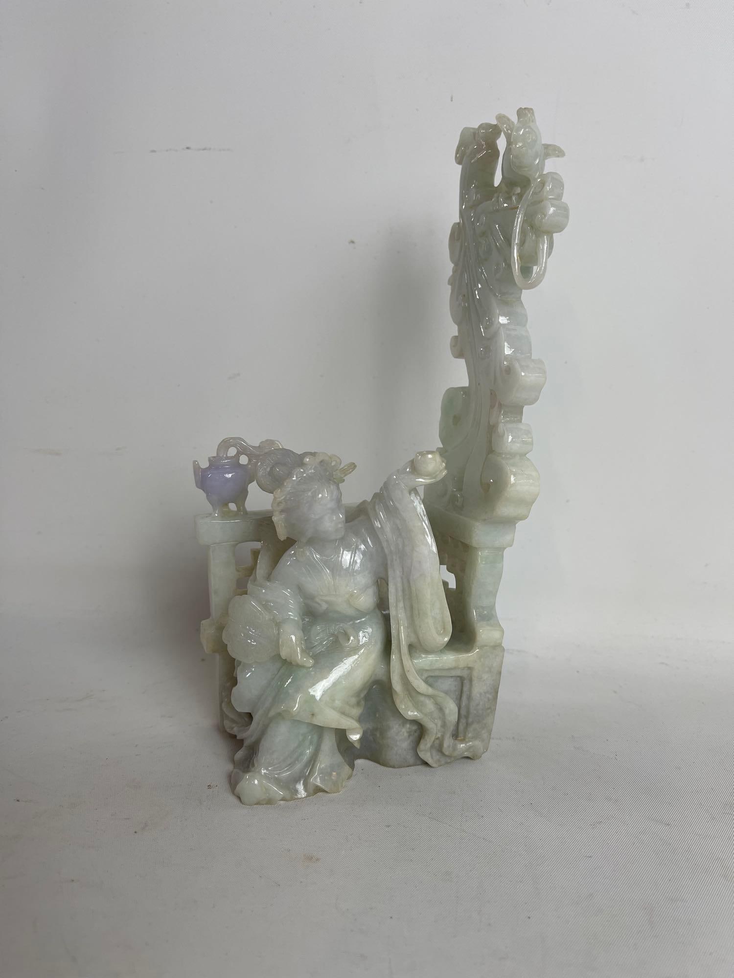 CHINESE JADEITE STONE CARVING OF SEATED FEMALE FIGURE WITH BIRD & TEAPOT (1 of 9)