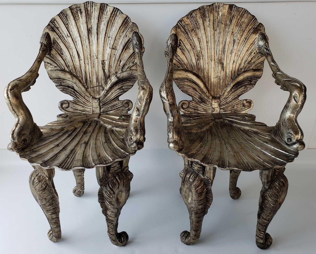 PAIR OF ITALIAN MID-CENTURY SILVER CLAMSHELL GROTTO CHAIRS ONCE OWNED BY MARTHA STEWART (1 of 11)