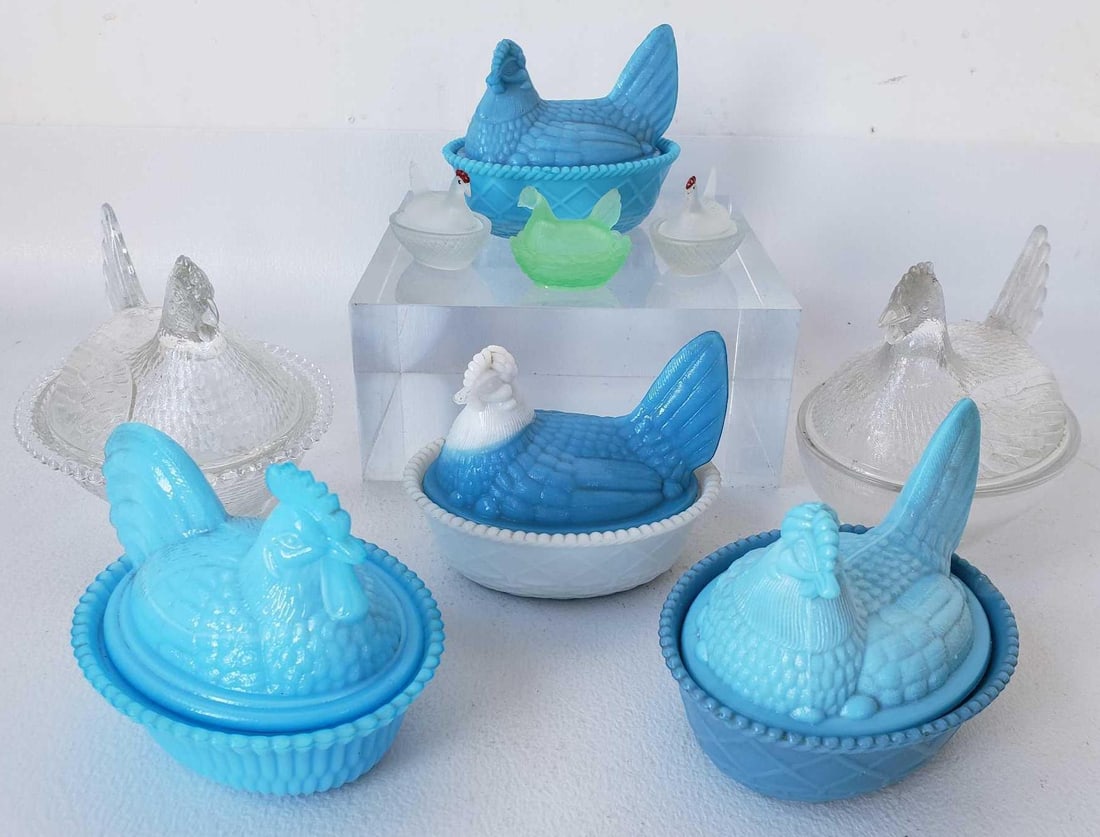 FLOCK OF VINTAGE HEN ON NEST LIDDED CANDY DISHES | INCLUDING BLUE MILK GLASS (1 of 10)