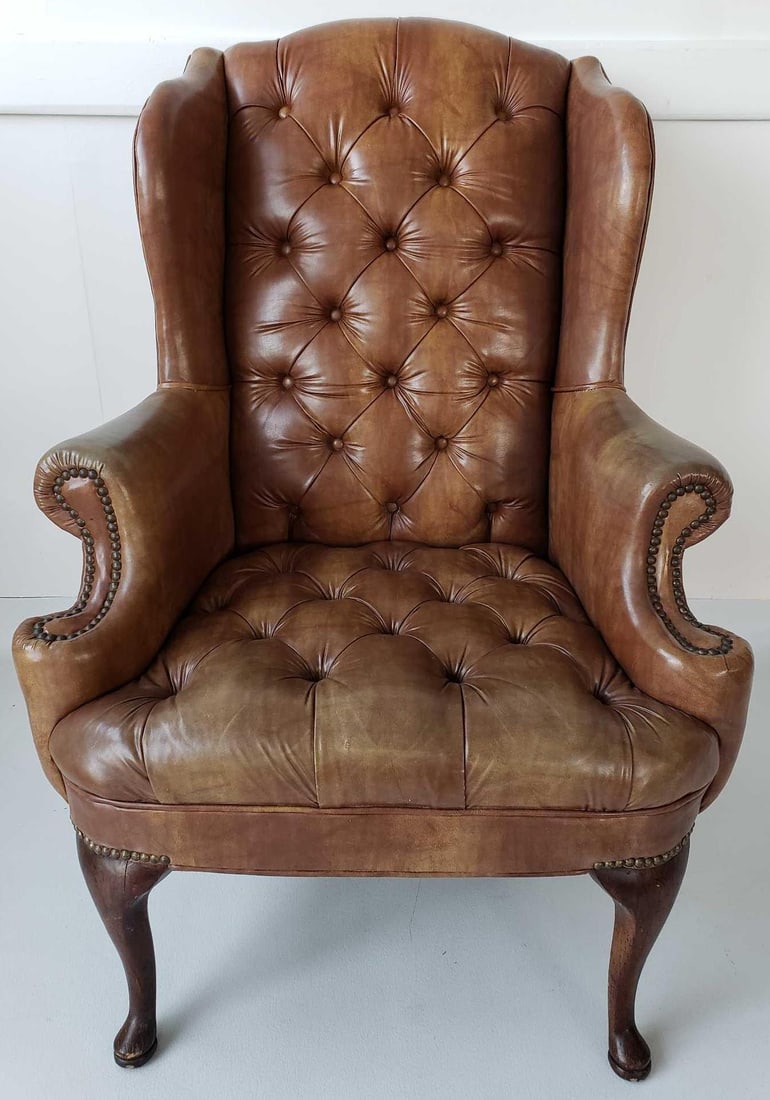 QUEEN ANNE STYLE CHESTERFIELD HIGH BACK TUFTED WING CHAIR WITH NAIL HEAD DETAIL (1 of 16)