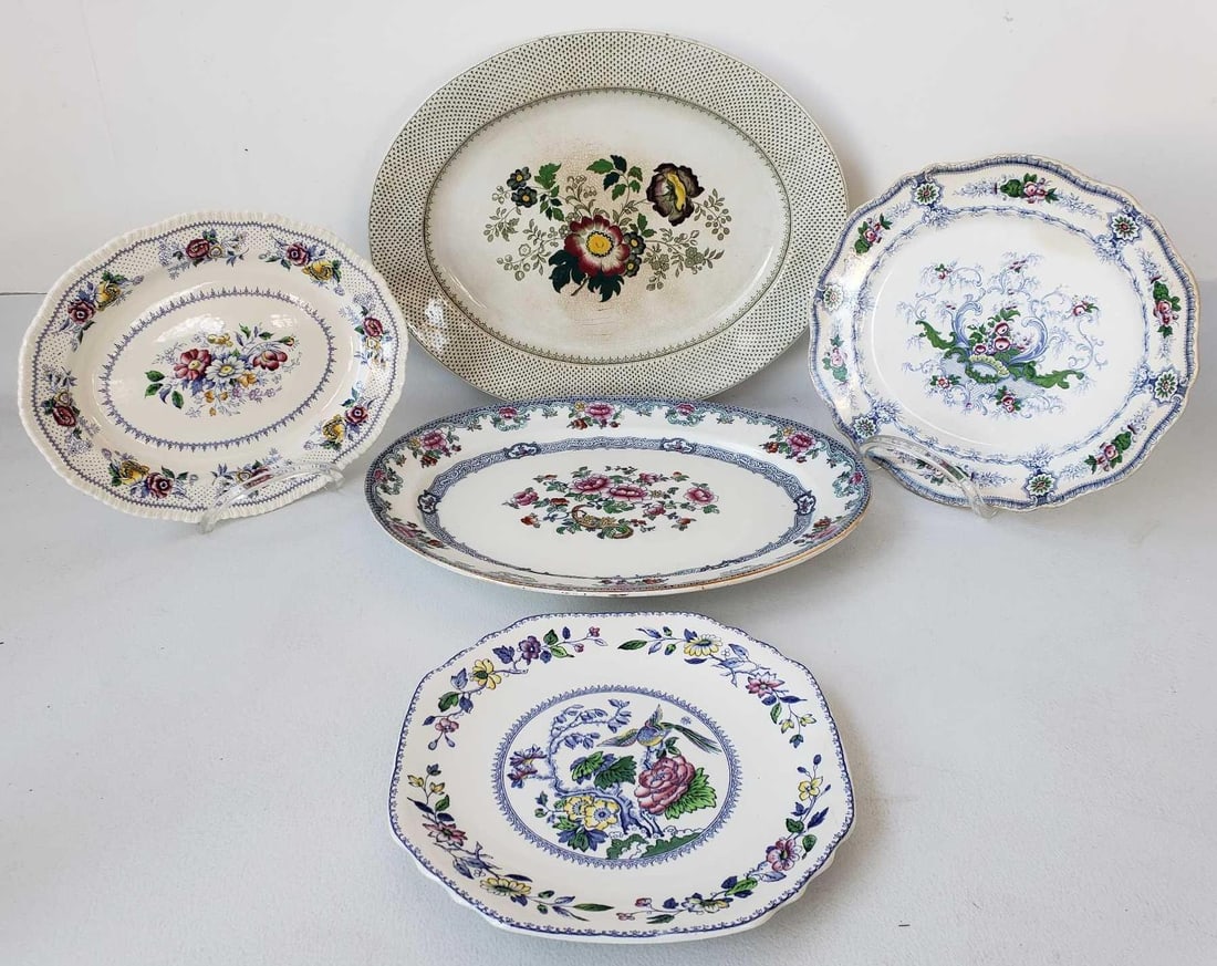COLLECTION OF FIVE ANTIQUE ENGLISH FLORAL PLATTERS INCLUDING WEDGWOOD AND RIDGWAY (1 of 16)