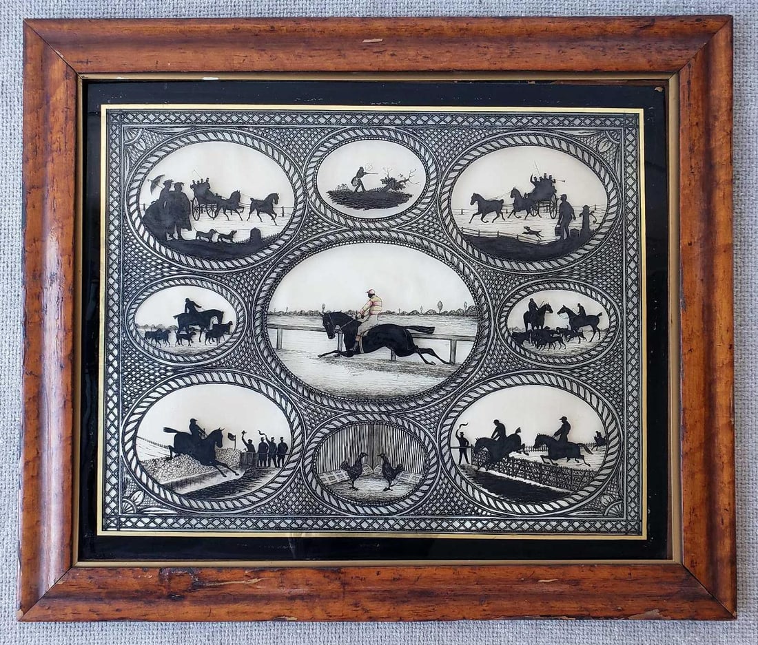 ENGLISH 19TH CENTURY REVERSE PAINTED SILHOUETTE EQUESTRIAN SCENES PAINTING 1860 (1 of 13)