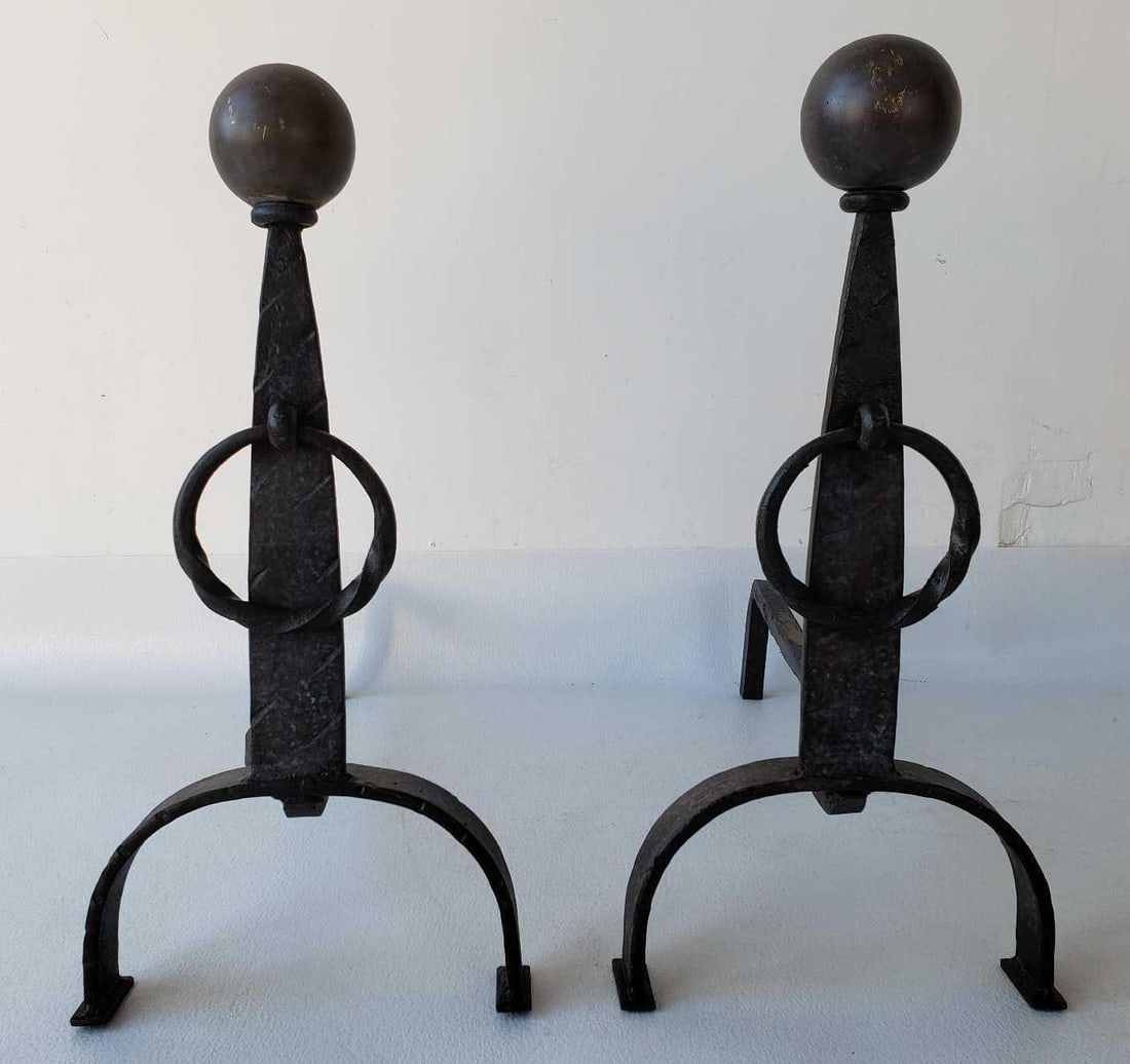PAIR OF ARTS AND CRAFTS HAMMERED IRON AND BRASS ANDIRONS (1 of 7)