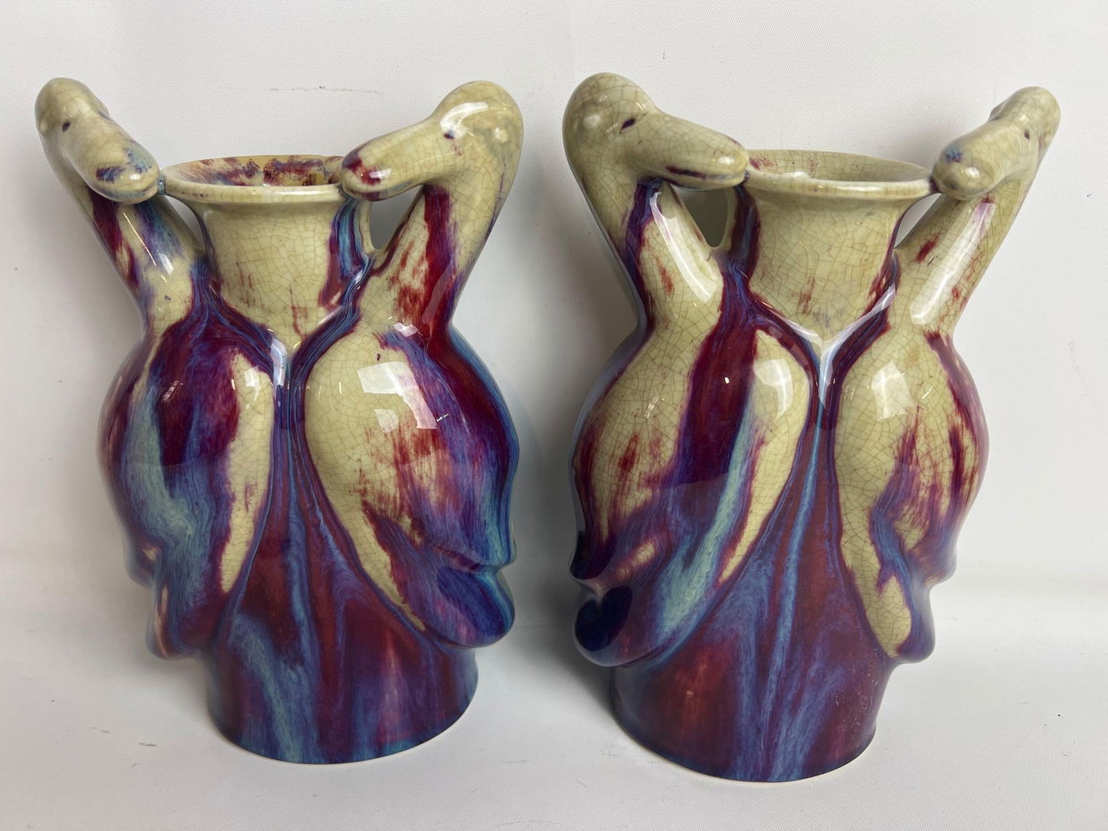 PAIR OF CHINESE FLAMBE GLAZED VASES WITH DUCK / CRANE MOTIF (1 of 16)