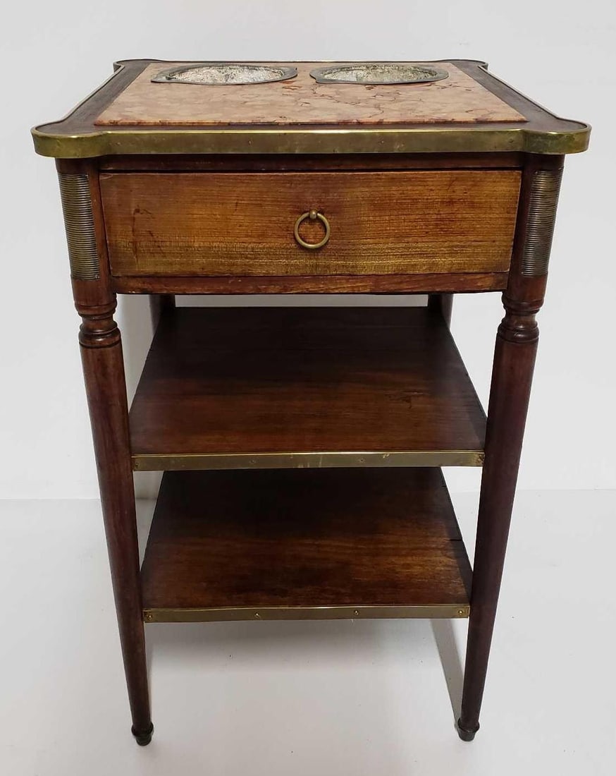 ANTIQUE FRENCH BRASS MOUNTED "RAFRAICHISSOIR" WINE COOLER TABLE: This elegant and functional antique French "Rafraichissoir" wine cooler table showcases the craftsmanship and style of the period. The table, measuring 19 inches wide, 19 inches deep, and 31 i