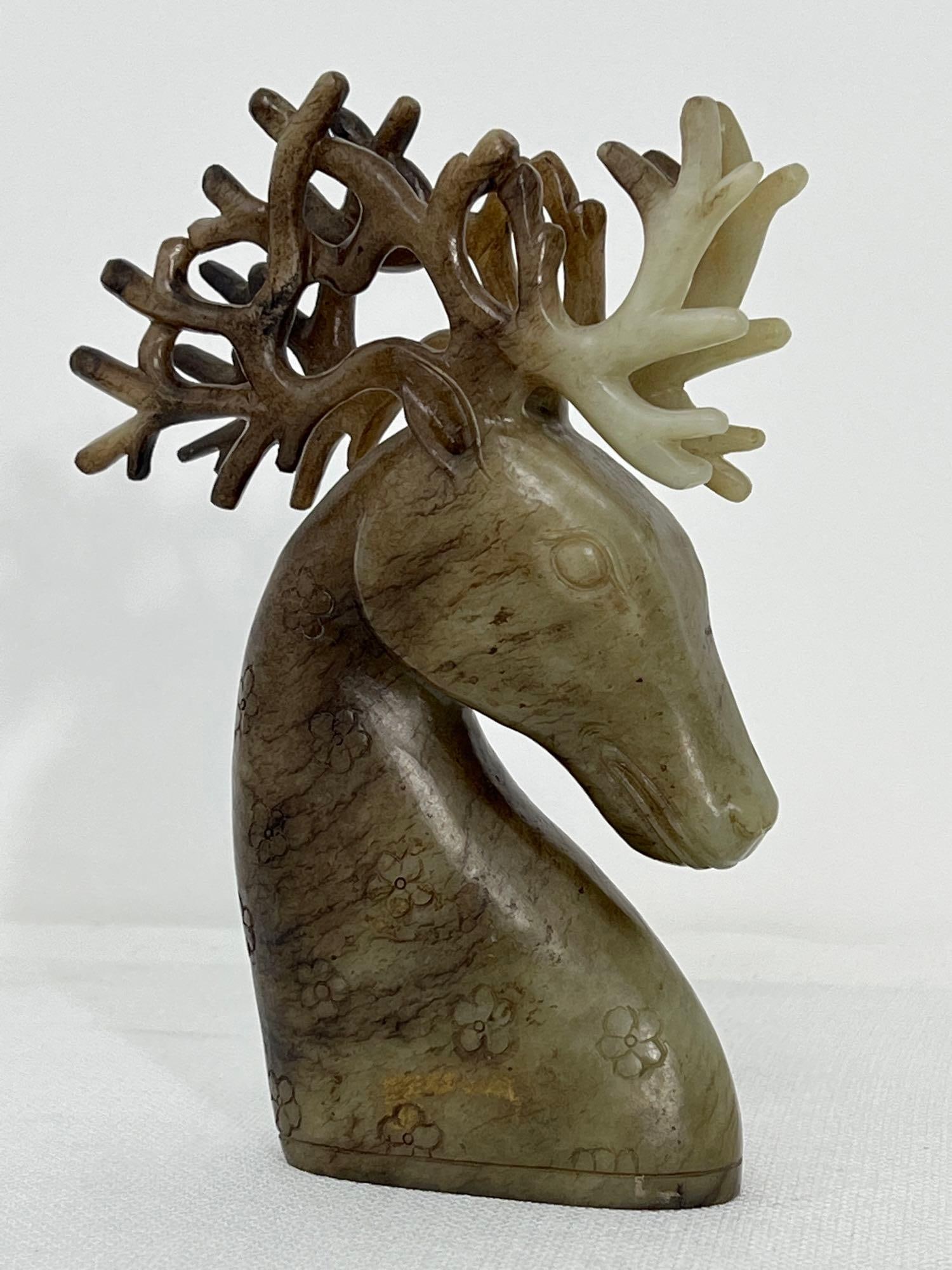 RARE HARDSTONE DEER HEAD SCULPTURE WITH FLORAL CARVINGS (1 of 9)