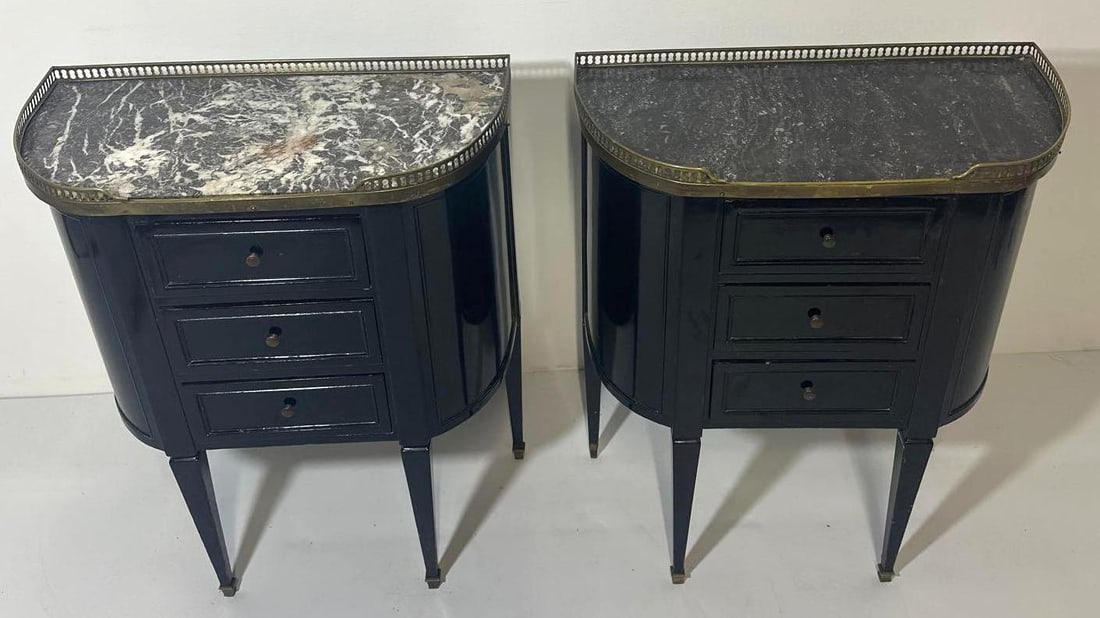 PAIR OF EBONIZED MARBLE-TOP LOUIS XVI STYLE PETITE COMMODES WITH BRASS GALLERY (1 of 11)