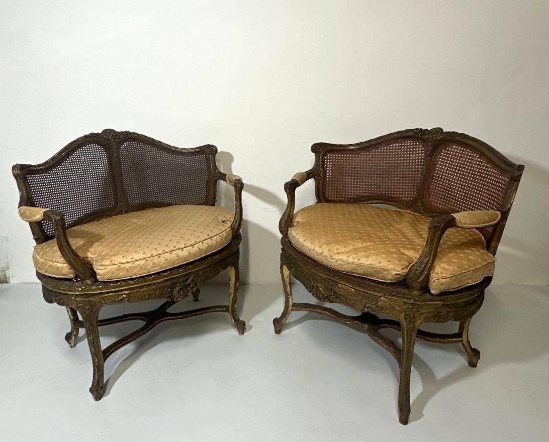 PAIR OF LOUIS XVI STYLE CANED CORBEILLE SETTEE CHAIRS (1 of 11)