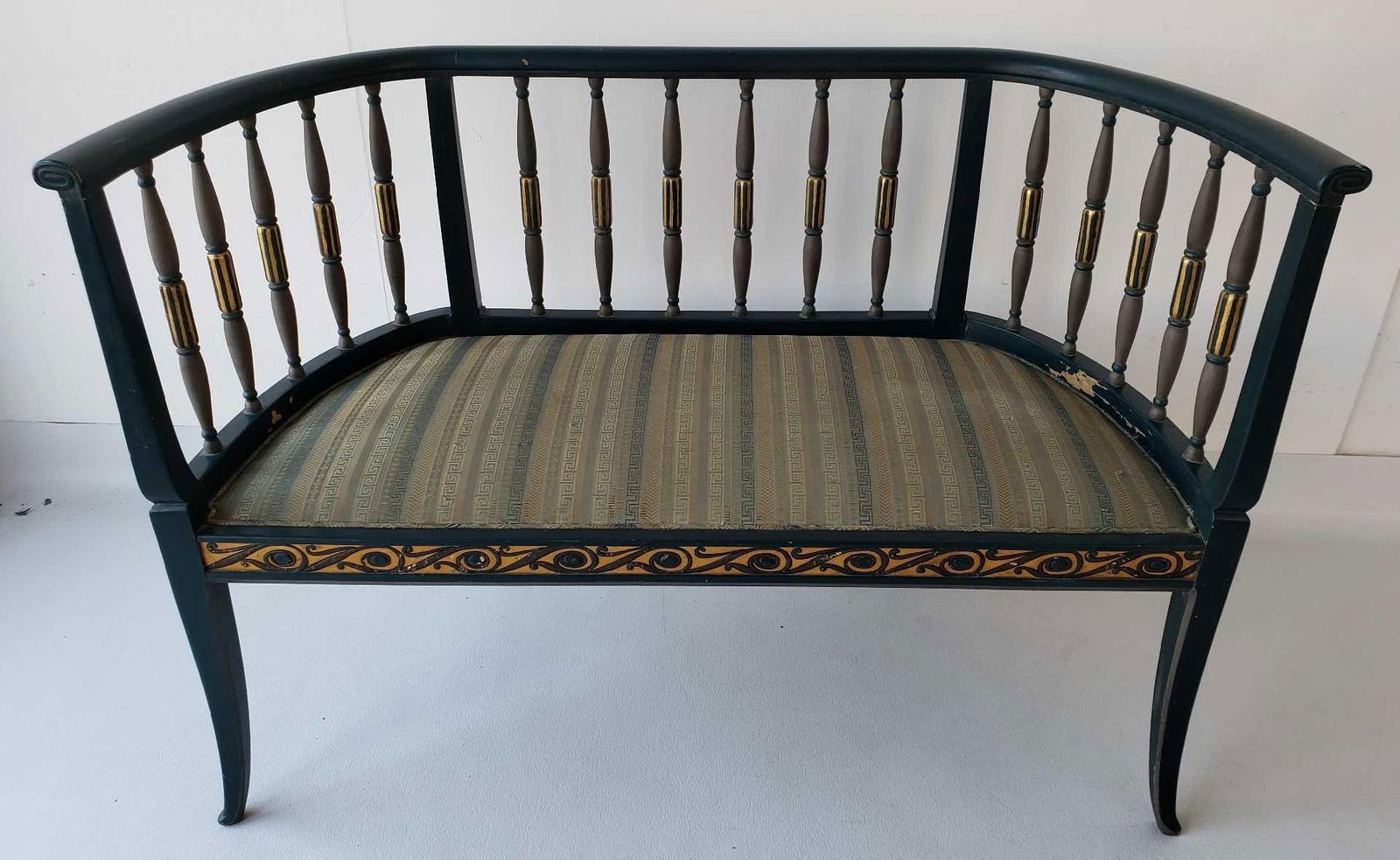 VINTAGE PAINT DECORATED UPHOLSTERED CURVED BACK BENCH (1 of 11)