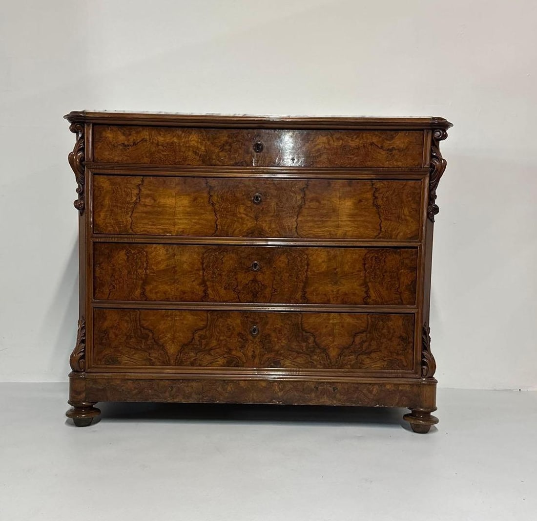 ANTIQUE MARBLE TOP CARVED WALNUT and MAPLE DRESSER WITH FIGURED AND BURLED WOOD (1 of 17)