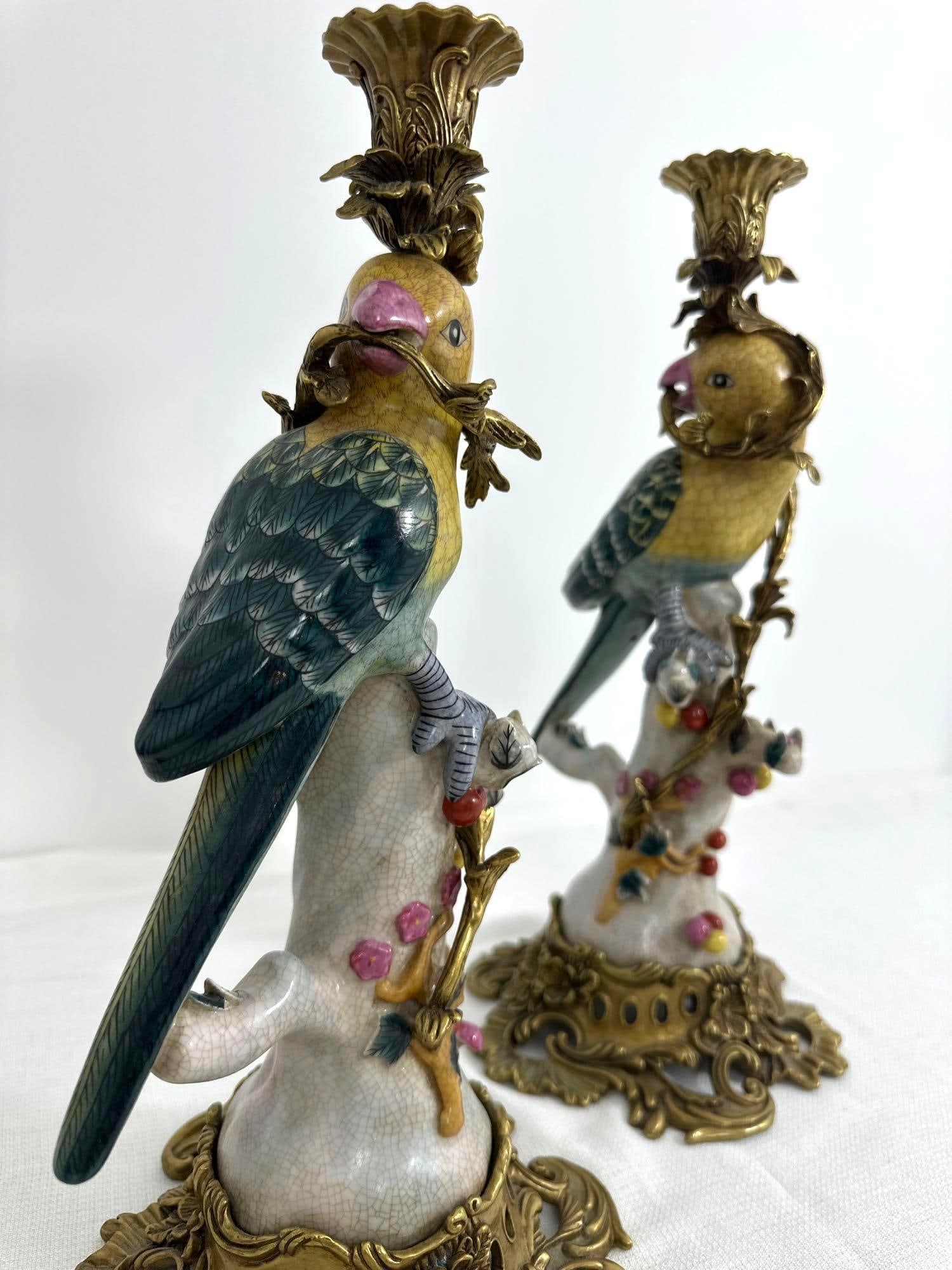 PAIR OF PORCELAIN AND BRONZE ORMOLU PARROT CANDLE HOLDERS (1 of 7)