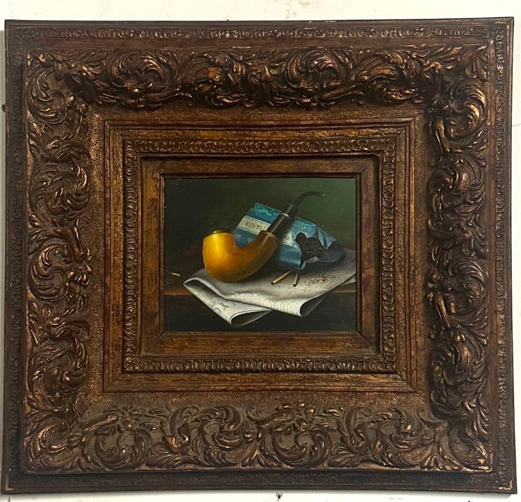 OIL ON BOARD PAINTING OF PIPE WITH LARGE ORNATE FRAME (1 of 9)