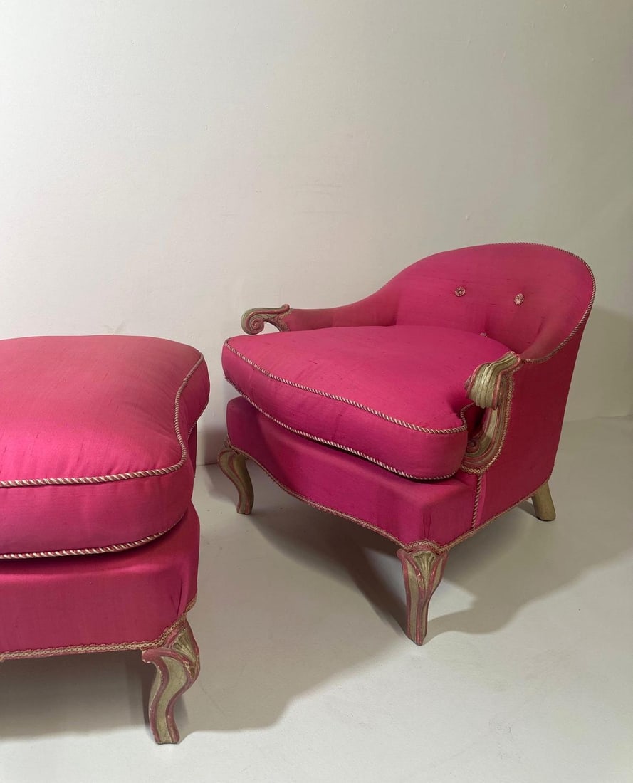 VINTAGE LOUIS XV STYLE PINK BERGERE ARM CHAIR AND OTTOMAN: This elegant ensemble evokes the refined charm of the Louis XV era with its graceful lines and delicate details. IT is an antique piece repainted and recovered for a park avenue apartment likely in th