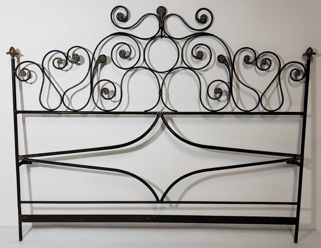 WROUGHT IRON HOLLYWOOD REGENCY SCROLL WORK HEADBOARD WITH BRASS ARTICHOKE FIGURAL FINIALS (1 of 7)