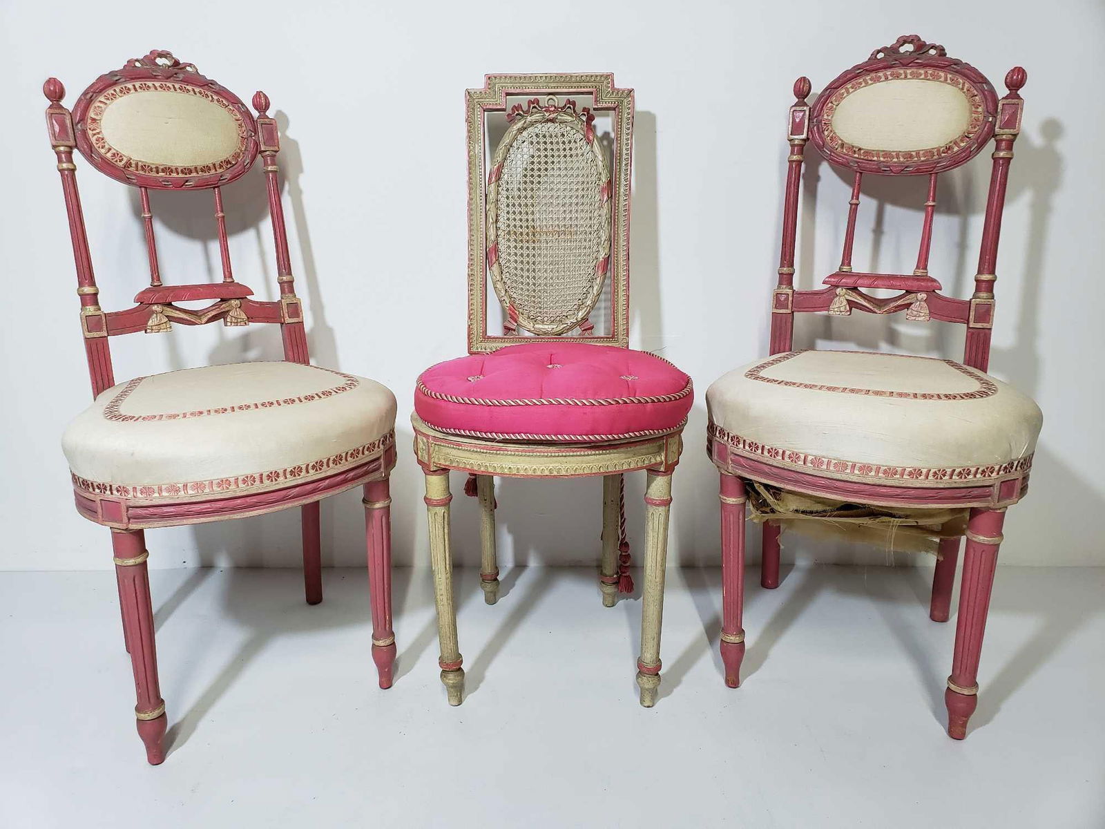 GROUP OF THREE ANTIQUE CARVED FRENCH PAINTED CHAIRS WITH CANED BACK (1 of 16)