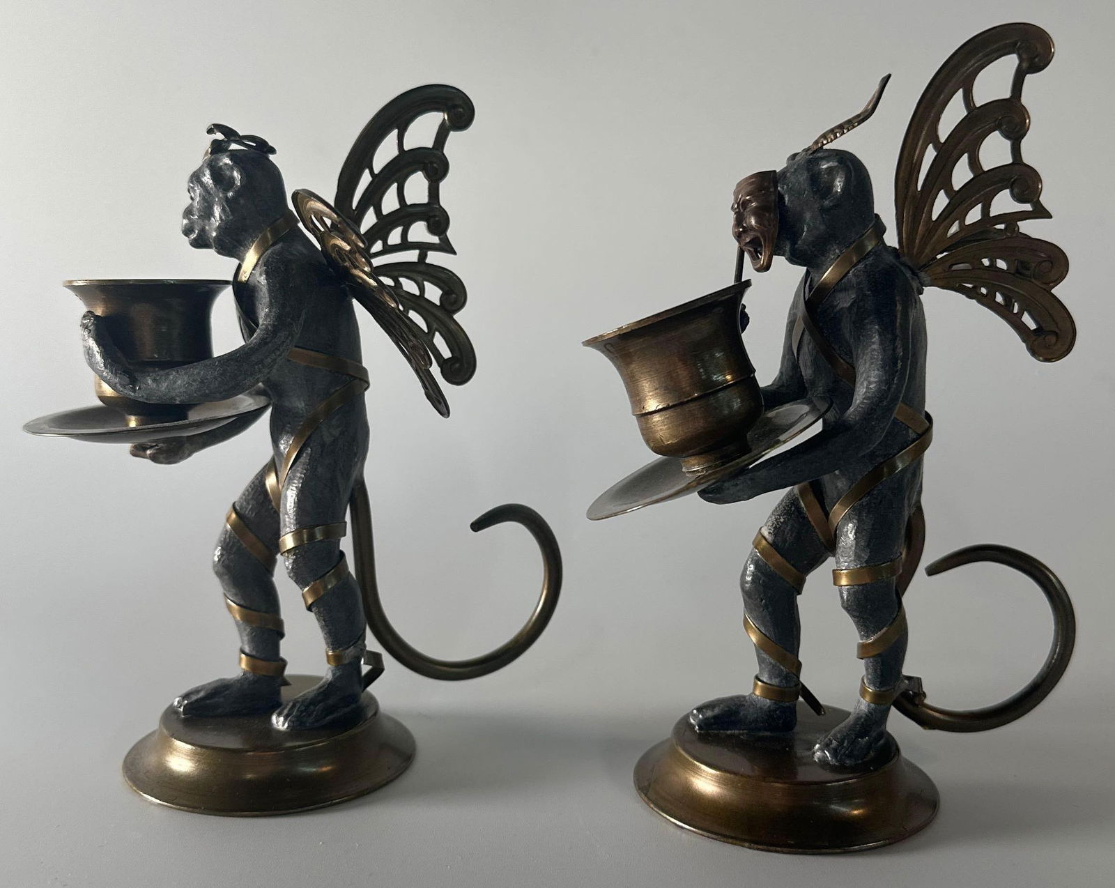 VINTAGE WHIMSICAL PEWTER FLYING MONKEY CANDLE HOLDERS (1 of 17)