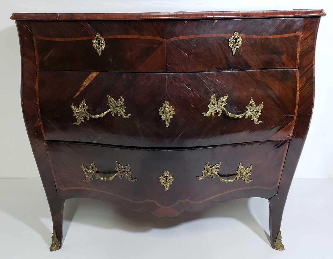 19TH CENTURY LOUIS XV STYLE INLAID BRONZE MOUNTED BOMBE CHEST (1 of 15)