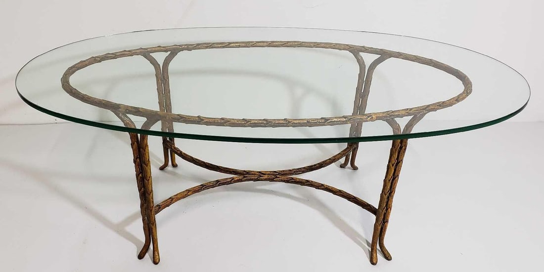 MID-CENTURY MODERN GILT METAL LAUREL LEAF MOTIF COCKTAIL TABLE WITH GLASS TOP (1 of 7)
