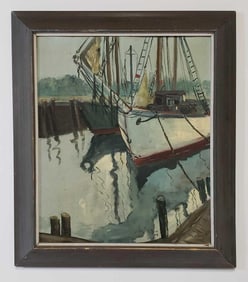 J. MCINTYRE SIGNED VINTAGE OIL ON BOARD IMPRESSIONIST DOCK SCENE
