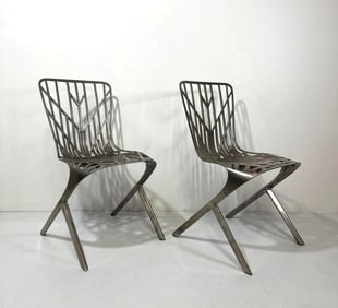 RARE PAIR OF SIR DAVID ADJAYE SKELETON CHAIRS FROM KNOLL STUDIO IN STEEL FINISH
