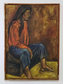MID-CENTURY OIL ON CANVAS OF A SEATED WOMAN