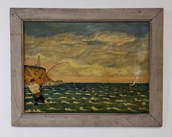 VINTAGE OIL ON MASONITE COASTAL SCENE "SURF FISHING"
