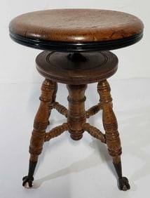 ANTIQUE CHAS PARKER CO. PIANO STOOL WITH BRASS & GLASS CLAW & BALL FEET