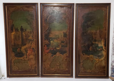 LARGE ITALIANATE OIL ON CANVAS MOUNTED ON MASONITE TRIPTYCH PANELS -  WITH LANDSCAPE SCENES