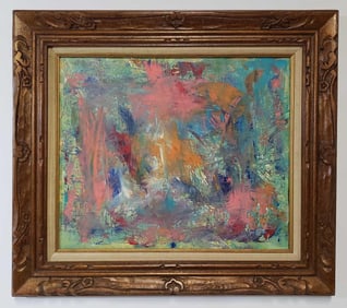 OIL ON CANVAS EXPRESSIONIST ABSTRACT SIGNED "MULLINS" AND MONOGRAMMED "M" ON VERSO