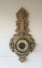 ANTIQUE FRENCH CHIROUZE MONTELIMAR CARVED WOOD ANEROID BAROMETER