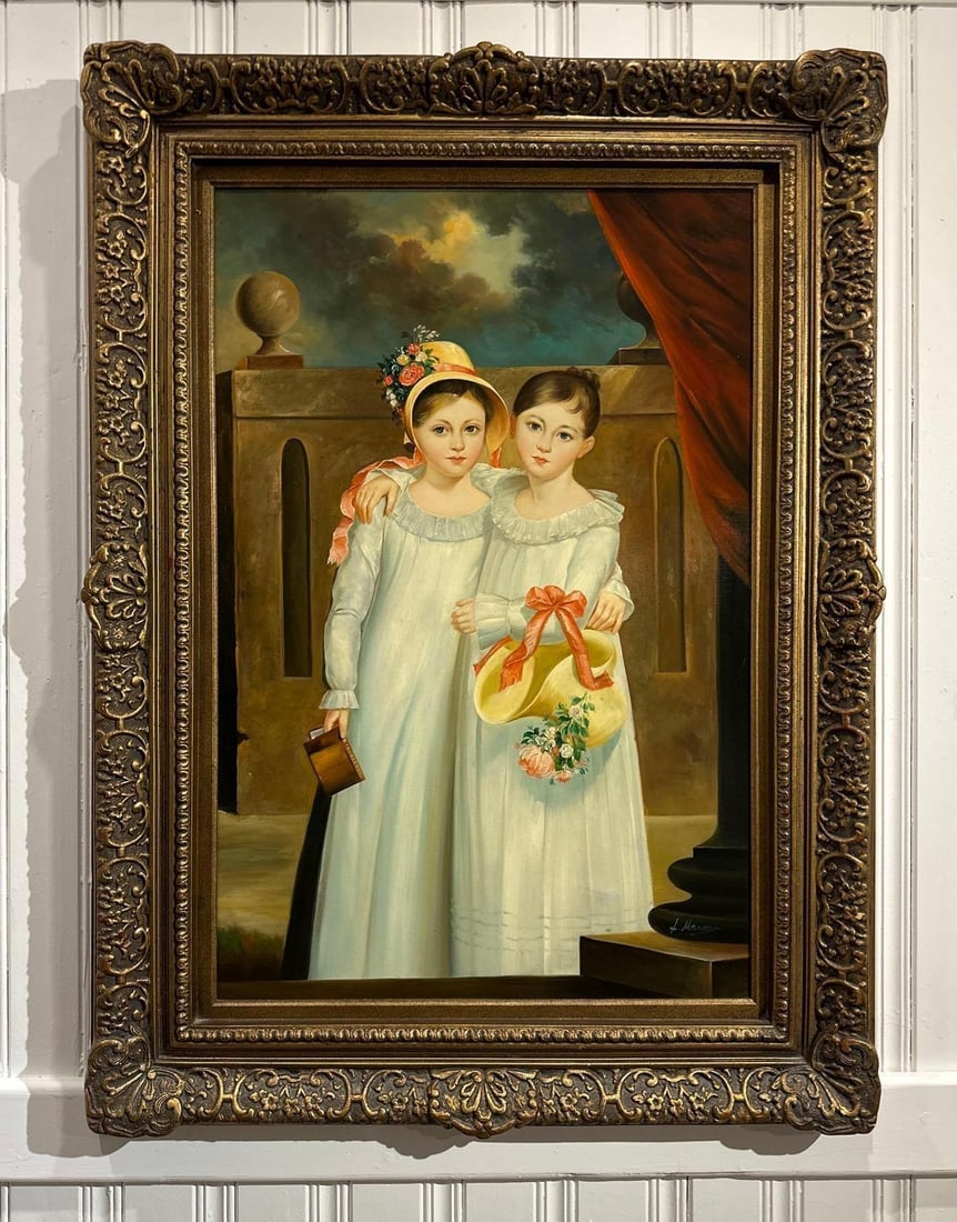 LARGE IMPRESSIVE PAINTING THE RAGAN SISTERS OIL ON CANVAS, SIGNED L. MASON (AFTER JACOB EICHOLTZ) (1 of 7)