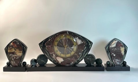 ART DECO MARBLE MANTLE CLOCK  SET WITH EXOTIC BIRD MOTIF