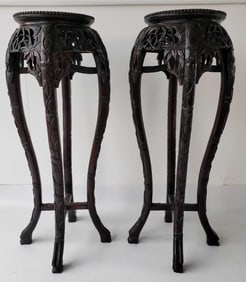 PAIR OF BAMBOO MOTIF CARVED TABOURETS WITH MARBLE INSET TOPS