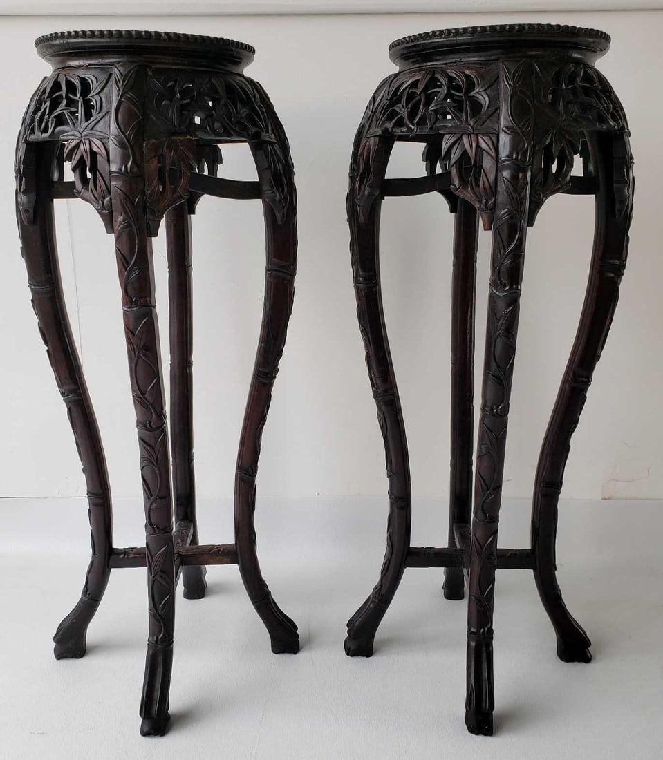PAIR OF BAMBOO MOTIF CARVED TABOURETS WITH MARBLE INSET TOPS (1 of 19)