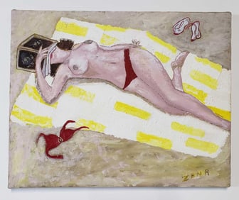 ZENA SIGNED OIL ON CANVAS RECUMBENT FEMALE BEACH NUDE