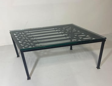 CUSTOM MADE GLASS TOPPED IRON STAIR BALUSTRADE TABLE