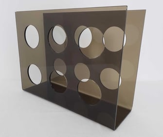 MID-CENTURY SMOKED LUCITE 6 BOTTLE WINE RACK