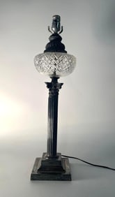 ANTIQUE SILVER PLATE CORINTHIAN COLUMN LAMP WITH CUT CRYSTAL GLOBE DETAIL