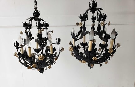 PAIR OF 5 LIGHT PAINTED METAL FLOWER AND LEAF MOTIF VINTAGE CHANDELIERS